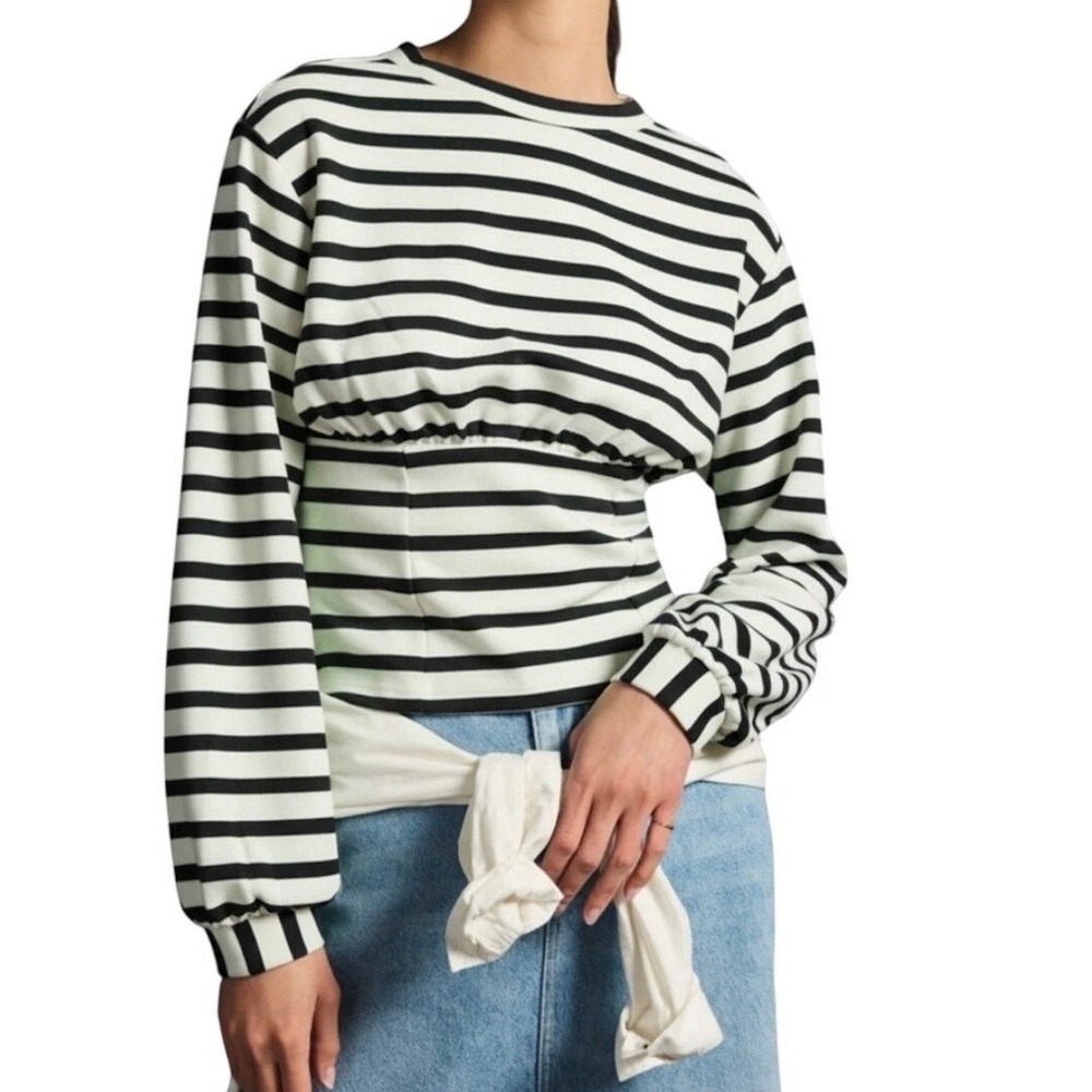 Maeve Anthropologie Striped Cinched Waist Long Sleeve Top Black White XS